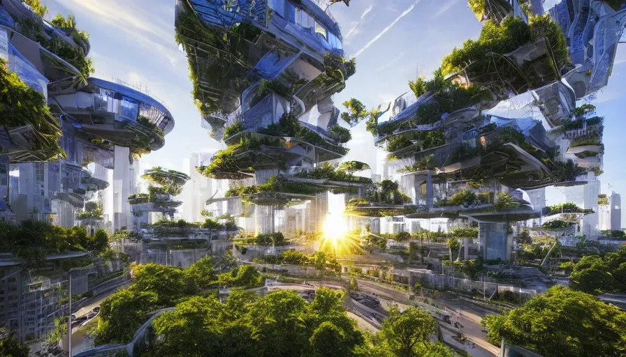 Prompt: Sunrise over solar punk city, many trees and plants, archdaily, flying cars, busy streets filled with pedestrians, sun rays, vines, vertical gardens, utopia, beautiful glass and steel architecture, extreme detail, futuristic