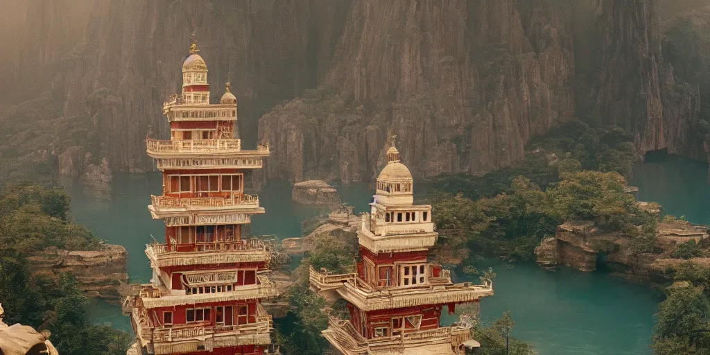 Image similar to a very high resolution image from a new movie, upside - down old temple, beautiful scenery, photorealistic, photography, directed by wes anderson