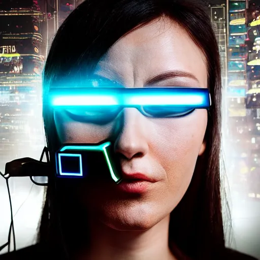 Image similar to a cyberpunk woman wearing a TV as a mask