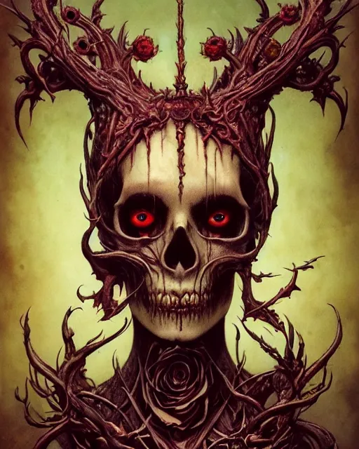 Image similar to perfectly centered portrait front view of a angry dead rotten beautiful female skull growing ornamentation all around, ornate, detailed, symmetrical, elegant, beautifully soft lit, by wayne barlowe, peter mohrbacher, kelly mckernan