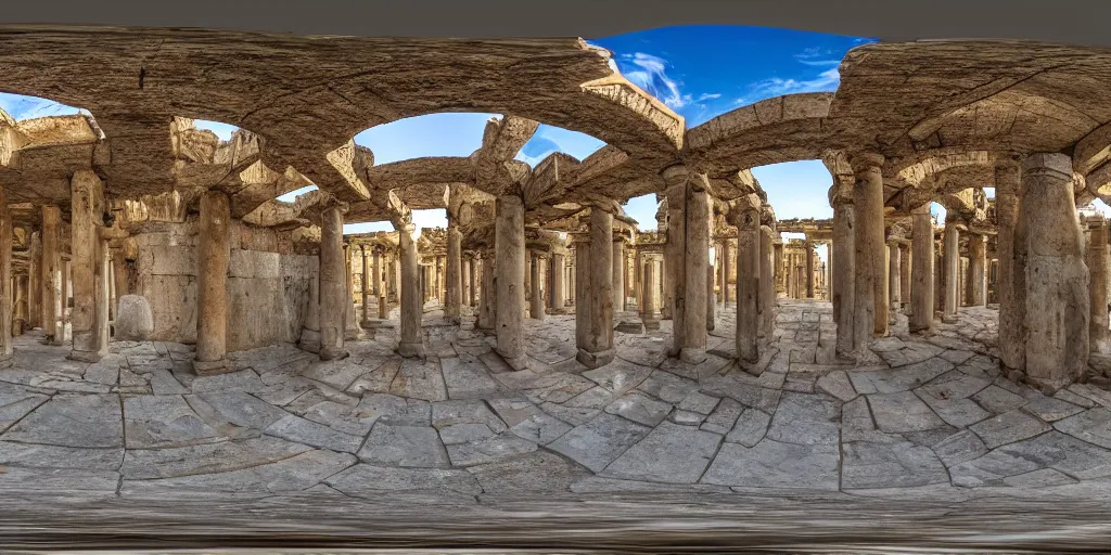 Prompt: Equirectangular projection of a 360 view inside a byzantine temple