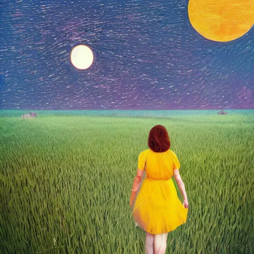 Prompt: giant daisy flowers as a head, girl walking in wheat field, hills, surreal photography, moon light, dark night, star trails, dramatic light, impressionist painting, clouds, digital painting, artstation, simon stalenhag