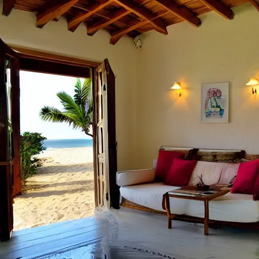 Image similar to expensive villa interior nearby a beach with books everywhere, cosy atmosphere, beautiful lighting