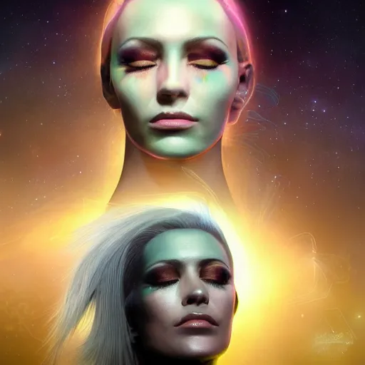 Image similar to celestial goddess facial portrait, legendary epic shot, 90s make-up, galaxy space hunter, cyber implants, wires, low angle, dawn, by artgerm, julie bell, beeple and Greg Rutkowski, airbrush, science fantasy, 90s, concept art, realistic matte painting, Smooth gradients, octane render, 8k, High contrast, duo tone, depth of field, volumetric lightning, very coherent, symmetrical, skin pore detail