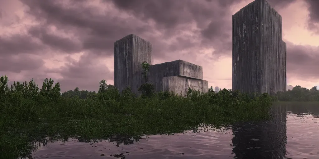 Image similar to a stunningly detailed cathedral of brutalist architecture, surrounded by lush green forest, ponds of water, stunning volumetric lighting, sunset, metal, concrete, stunning skies, trending on Artstation, 8k, photorealistic, hyper detailed, unreal engine 5, IMAX quality, cinematic, epic lighting, in the style of Greg Rutkowski