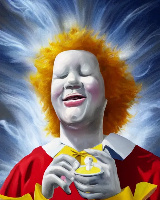 Prompt: ronald mcdonald as an angel ascending into the gates of heaven, french fries wings, onion ring halo, sunbeams, milkshake clouds, digital painting