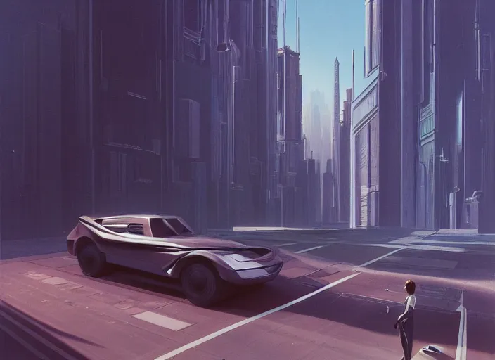 Image similar to a car! driving down a street next to tall buildings, cyberpunk art by Chesley Bonestell, cgsociety, retrofuturism, matte painting, reimagined by industrial light and magic