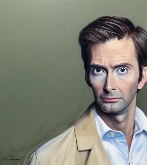 Image similar to medium shot portrait of david tennant as a golfer, white cap, beige and blue overstich, very detailed eyes, hyperrealistic, very detailed painting by Glenn Fabry, by Joao_Ruas