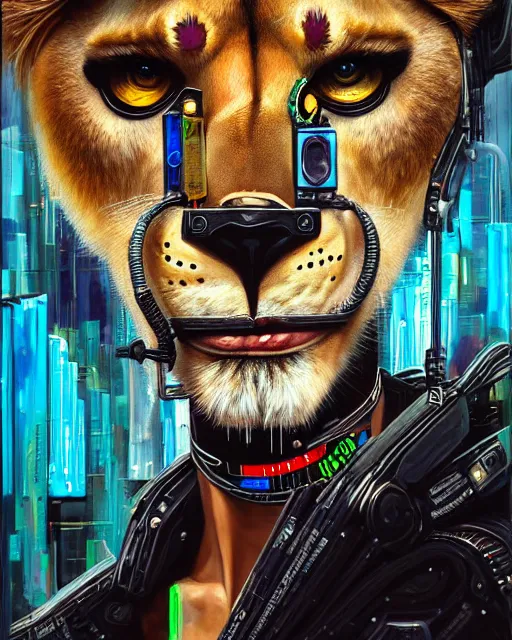 Image similar to a portrait of an anthropomorphic cyberpunk lioness by sandra chevrier, by jon foster, detailed render, tape deck, epic composition, cybernetics, 4 k realistic, cryengine, realistic shaded lighting, sharp focus, masterpiece, by enki bilal