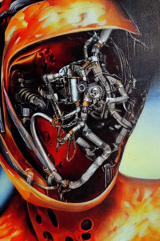 Image similar to oil painting, close-up, hight detailed, melting cyborg at red planet, in style of 80s sci-fi art