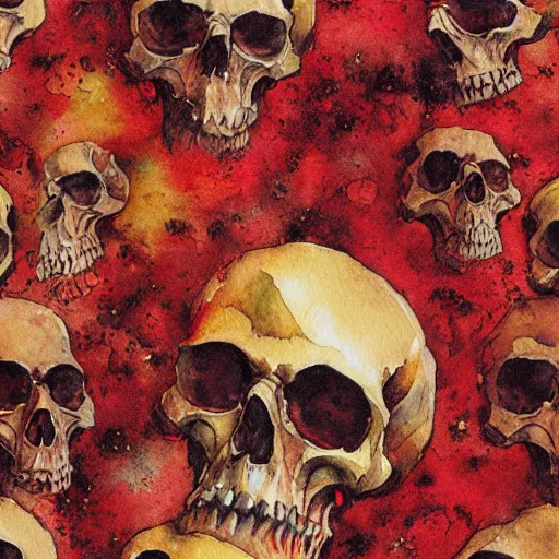 Image similar to seamless texture, red and gold, thick texture, watercolor, skulls, paul lehr, john harris,