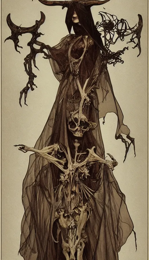 Image similar to cloaked demon woman muted fall colors, robes veil, exposed bones, horns palace on a throne of bones lithograph, engraving, etching, printmaking, exposed bones, occult, tarot, octane render ,caravaggio alphonse mucha, long boney limbs