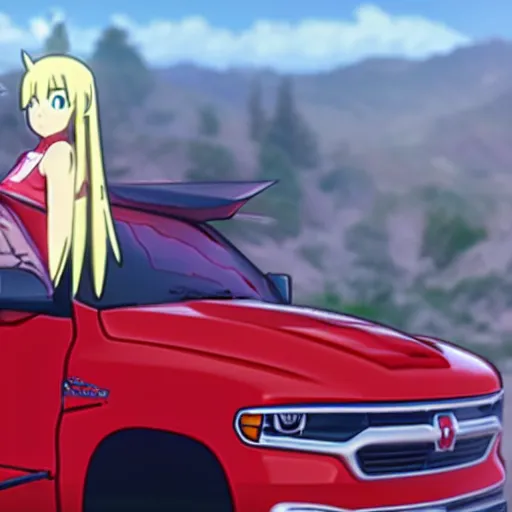 Image similar to zero two from darling in the franxx driving a dodge ram