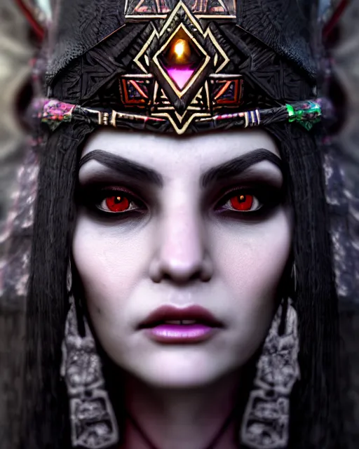 Image similar to beautiful headshot of the aztec witch of occult, realistic render, unreal engine, cgsociety, trending on deviantart, cinematic lighting, highly detailed