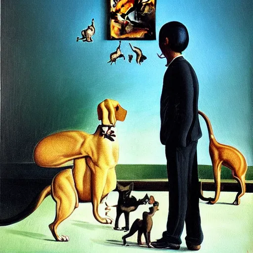 Prompt: a painting of a man standing. above the man is a cat. below the man is another cat. to his left and right there are dogs. the dogs are looking at the cats in a hungry way. the painting is by salvador dali, trending on artstation