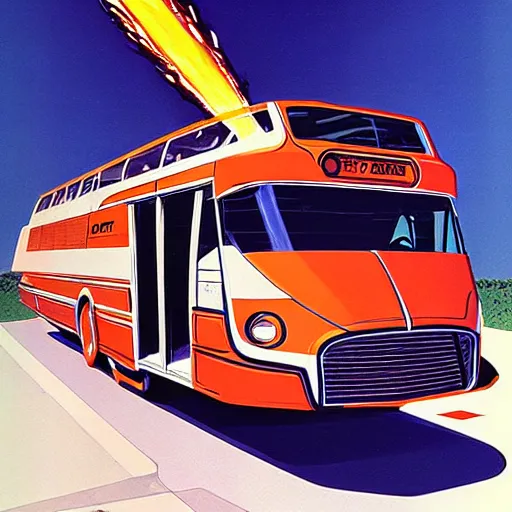 Image similar to concept art for rocket powered bus, painted by syd mead, high quality