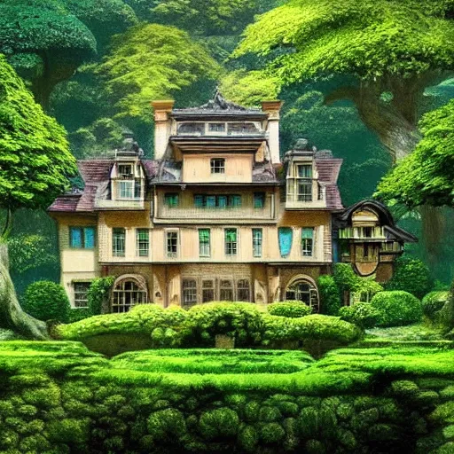 Image similar to beautiful old mansion surrounded by lushwoods in style of ghibli