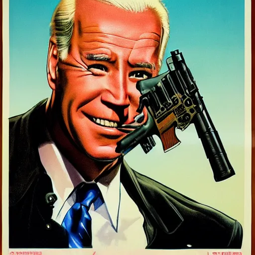 Image similar to propaganda poster of joe biden pointing gun directly at camera in james bond movie, closeup of gun, visible barrel and grip by j. c. leyendecker, bosch, lisa frank, jon mcnaughton, and beksinski