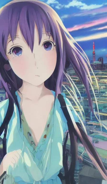 Image similar to anime fine details portrait of Mizore Shirayuki in front of modern tokyo city landscape on the background deep bokeh, close-up view, anime masterpiece by Studio Ghibli, 8k, sharp high quality anime, artstation