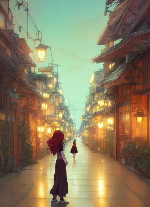 Image similar to pretty young woman with long red hair walking down a city street at night, path traced, highly detailed, high quality, digital painting, by studio ghibli and alphonse mucha, leesha hannigan, makoto shinkai, disney