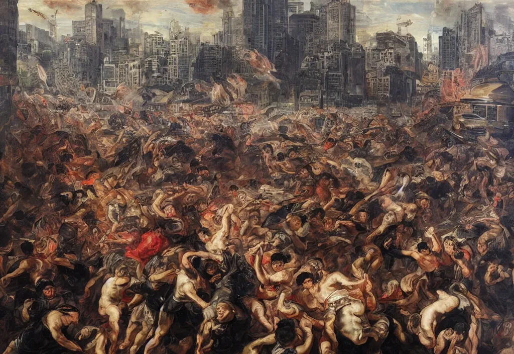 Prompt: 2 0 2 1 hong kong riot by peter paul rubens. city buildings in the background.