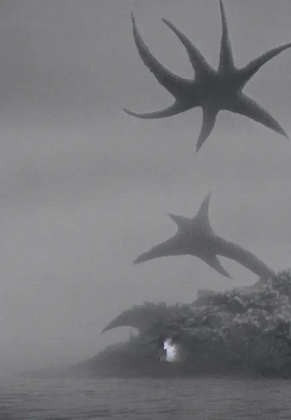 Image similar to a filmstill of a north korean monster movie, kaiju - eiga monster starfish - like trampling a traditional korean palace, foggy, film noir, video compression