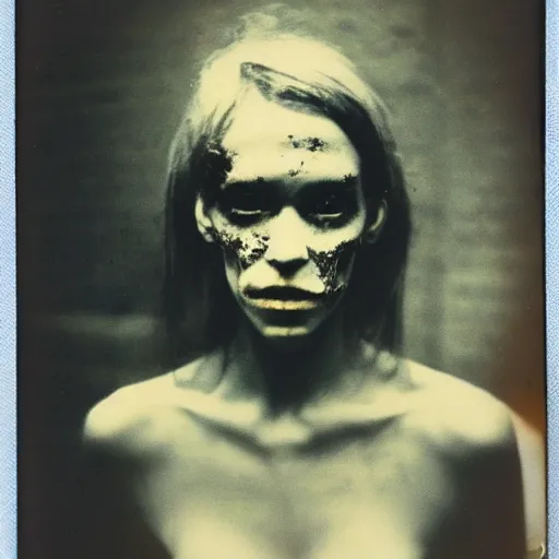 Image similar to a very beautiful old polaroid picture of a zombie, award winning photography