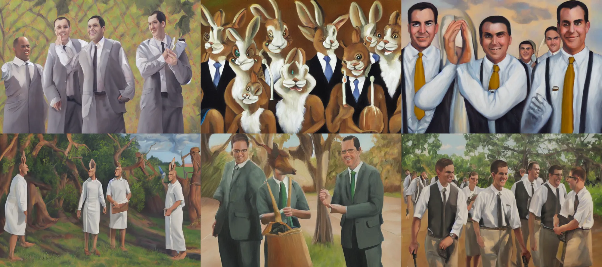 Prompt: oil on canvas painting of lopunny anthro mormon missionaries