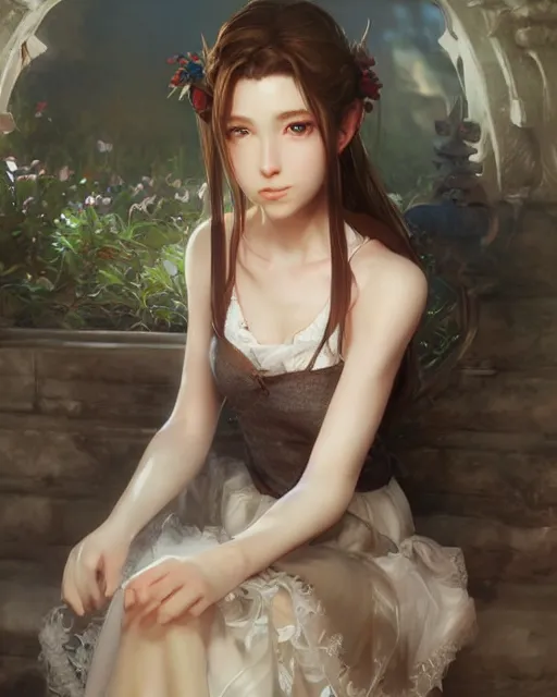 Image similar to aerith gainsborough in lace skirt, portrait, illustration, rim light, top light, perfectly shaded, soft painting, art by ross tran, krenz cushart and wenjun lin