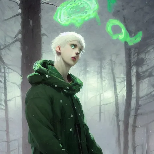 Prompt: a 14 year old teenage ghost boy with pale skin white hair and glowing green eyes. White breath showing in the cold air. Kuvshinov ilya. Repin. By Greg Rutkowski