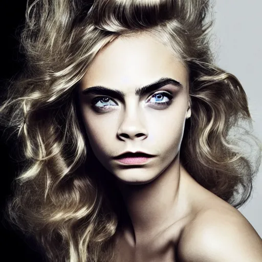 Prompt: photo of a gorgeous 20-year-old Cara Delevingne sky-high bouffant hairstyle by Mario Testino, detailed, head shot, award winning, Sony a7R -