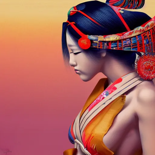 Image similar to Very very very very highly detailed epic central composition studio photography of A Japanese geisha in a colorful bikini, intricate, medieval, extremely detailed, digital painting, artstation, concept art, smooth, sharp focus, illustration, studio lighting, incredible art by Anna Dittmann and Anton Pieck