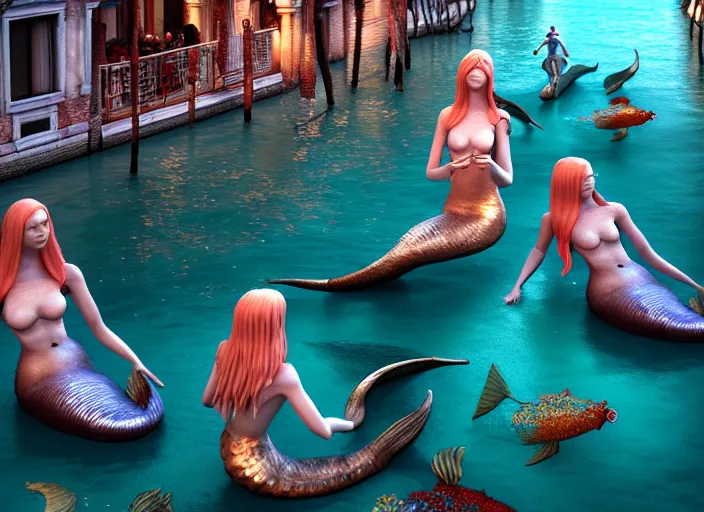 Image similar to mermaids in venice, highly detailed, 4 k, hdr, award - winning, octane render, artstation