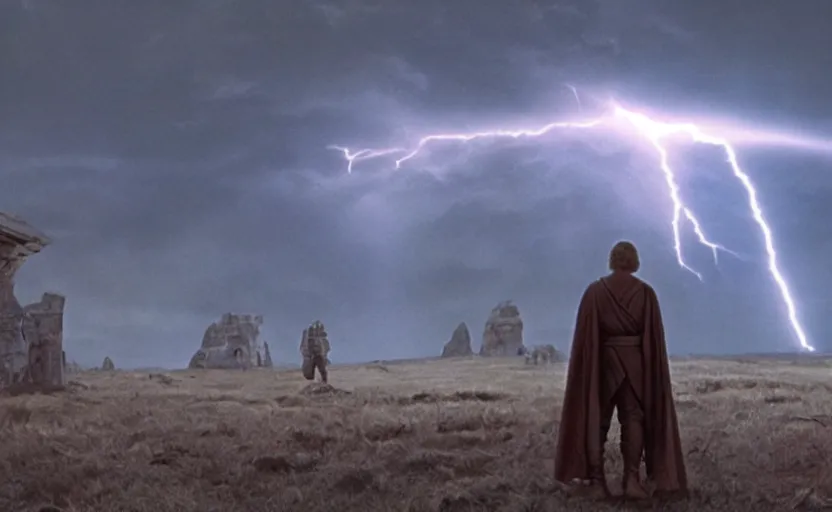 Image similar to screenshot portrait of Luke Skywalker in a windy lightning battlefield with scattered ruins of a fiery jedi rock temple, surrounded by giant AT-AT walkers, with young jedi army behind him, iconic scene from 1970s film by Stanley Kubrick, last jedi, 4k HD, cinematic lighting, beautiful portrait of Mark Hammill, moody scene, stunning cinematography, mcu effects, anamorphic lenses, kodak color film stock