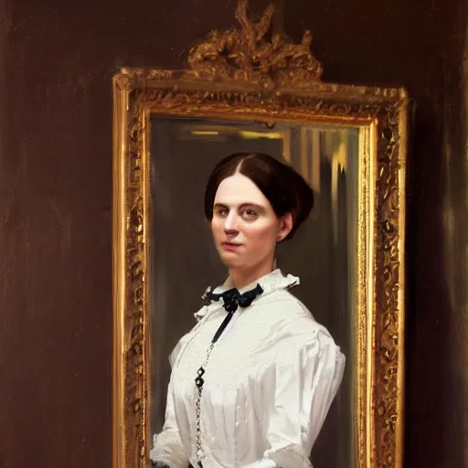 Prompt: oil portrait of a victorian lady wearing a beautiful dress in front of aa victorian mirror by greg rutowsky, trending on artstation