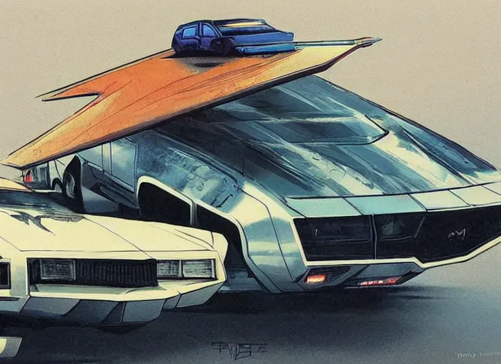 Prompt: ( ( ( ( ( knight rider kitt, car concept art, sci - fi illustration, painting, in the style of blade runner 2 0 4 9 ) ) ) ) ) by vincent di fate and john berkey and 1 9 8 2 pontiac trans am!!!!!!!