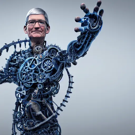 Image similar to tim cook. pointing his finger in the air. mythical organic biomechanical man. futuristic. blue blurry background. highly detailed, intricate steampunk ornate, poetic, 3 d render, digital art, octane render, 8 k artistic photography, photorealistic.