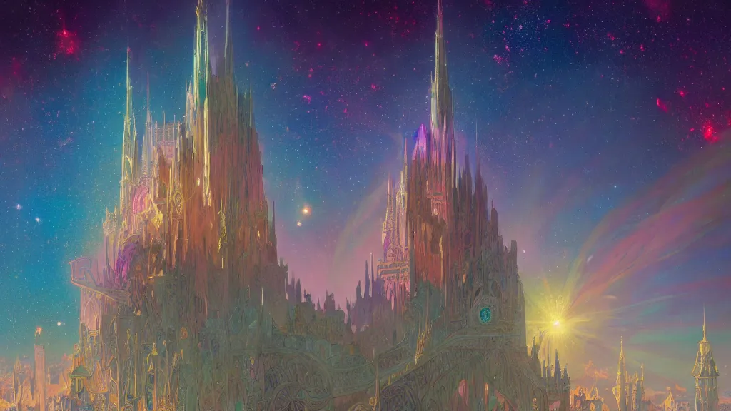 Image similar to a beautiful highly detailed matte painting of colorful castle nebulas by moebius, alphonse mucha, stars in the background, medium shot, highly detailed, intricate design, 8 k resolution, octane render, trending on artstation and cgsociety