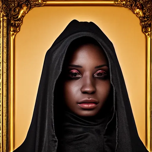 Image similar to a portrait of a young black woman wearing a long dark cloak, hood and shadows covering face, holding golden jewelry, oil painting, matte painting, black background, Volumetric Golden dappled dynamic lighting, Highly Detailed, Cinematic Lighting, Unreal Engine, 8k, HD, by Beksinski