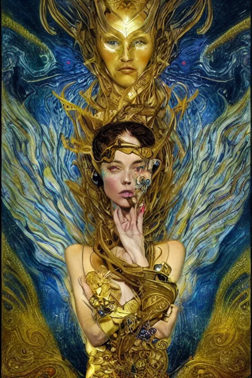 Image similar to Intermittent Chance of Chaos Muse by Karol Bak, Jean Deville, Gustav Klimt, and Vincent Van Gogh, Surreality, enigma, Loki's Pet Project, destiny, Poe's Angel, fate, inspiration, muse, otherworldly, fractal structures, arcane, ornate gilded medieval icon, third eye, spirals