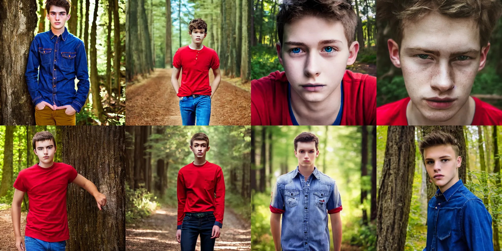 Image similar to portrait, teenager, red shirt, blue jeans, walking in forest, detailed face, realistic photo.