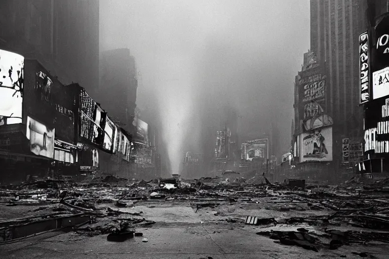 Prompt: dark photo of an destroyed times square after a nuclear attack, thunderstorm, gloomy, colorful, desolate