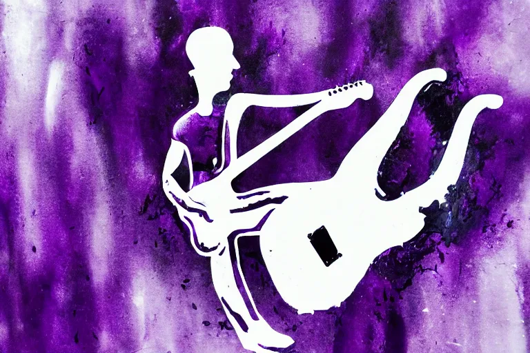 Image similar to dripping purple faded paint across the shape of a male human playing guitar, realistic, high detail, on a white damage background