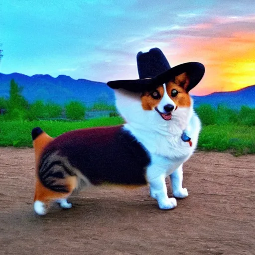 Image similar to cat in a cowboy hat riding a corgi, wild west, sunset