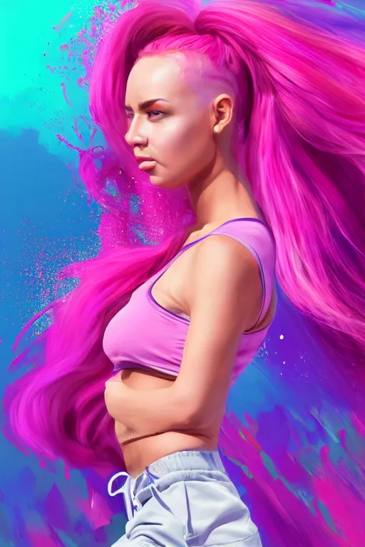 Image similar to a award winning half body porttrait of a beautiful woman in a croptop and cargo pants with ombre purple pink teal hairstyle with head in motion and hair flying, paint splashes, outrun, vaporware, shaded flat illustration, digital art, trending on artstation, highly detailed, fine detail, intricate