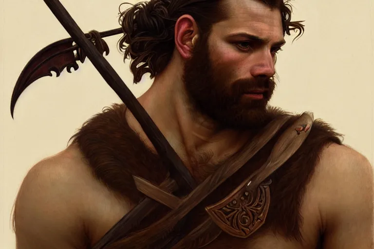 Image similar to renaissance upper body portrait of a gruff ranger with a spear, lean and toned, handsome face, hairy chest, D&D, intricate, elegant, highly detailed, digital painting, artstation, concept art, matte, sharp focus, illustration, art by da Vinci, Artgerm and Greg Rutkowski and Alphonse Mucha