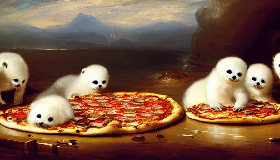 Prompt: highly detailed painting of cute furry white baby seals having a pizza party by william turner, by greg rutkowski, by william constable, thick brush strokes and visible paint layers, 4 k resolution