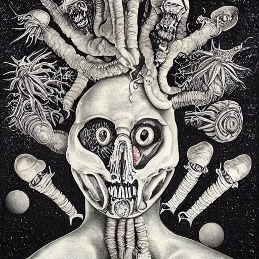 Prompt: black, white, orange album cover, aliens, psychedelic, giuseppe arcimboldo