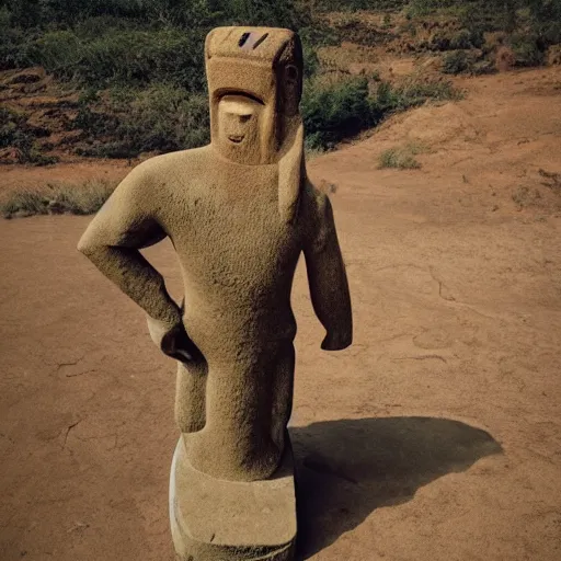 Image similar to man with a moai head doing a kickflip over the words'off - topic