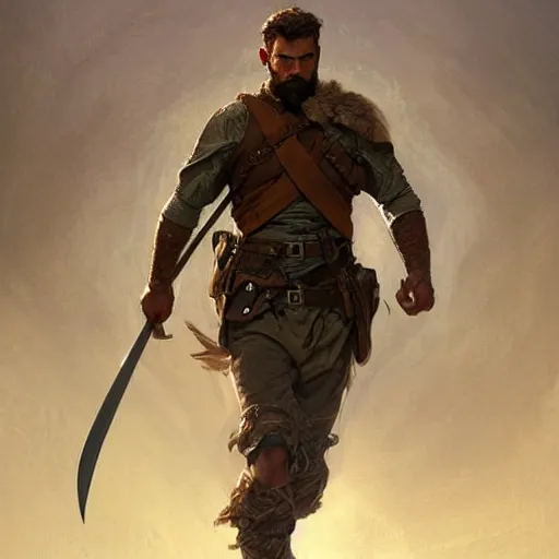 Image similar to portrait of a rugged male ranger looking back, masculine, D&D, muscular, fantasy, intricate, elegant, highly detailed, digital painting, artstation, concept art, smooth, sharp focus, illustration, art by artgerm and greg rutkowski and alphonse mucha